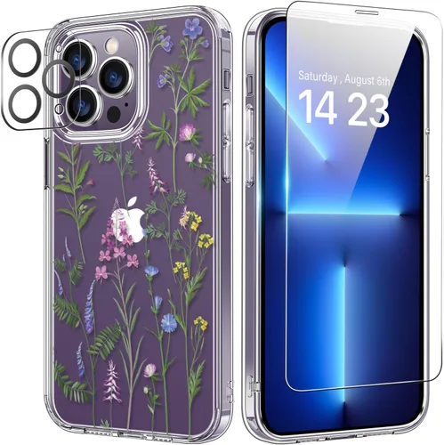 Vista 40 de bicol Funda para iPhone 14 Plus con Protector de Pantalla y Lente de Cámara - Diseños Florales de Moda para Mujeres y Niñas - Funda Transparente