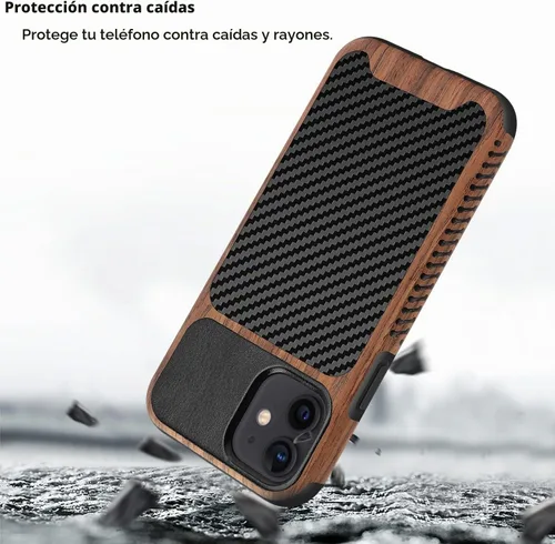 Vista 5 de Funda magnética compatible con iPhone 11 [Compatible con MagSafe] Diseño híbrido de madera y cuero con fibra de carbono, funda protectora a prueba