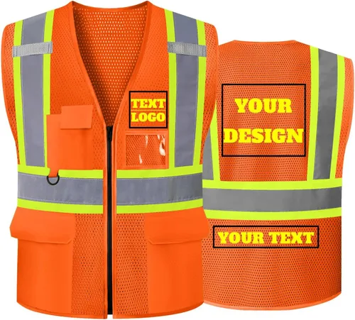 Vista 18 de Chaleco de seguridad reflectante de malla con logotipo personalizado Clase 2 con 5 bolsillos y cremallera