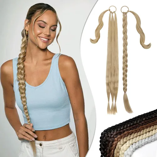 Vista 11 de Extensión de cola de caballo larga trenzada con banda para el cabello, color marrón claro, extensiones de cabello sintético suave y natural