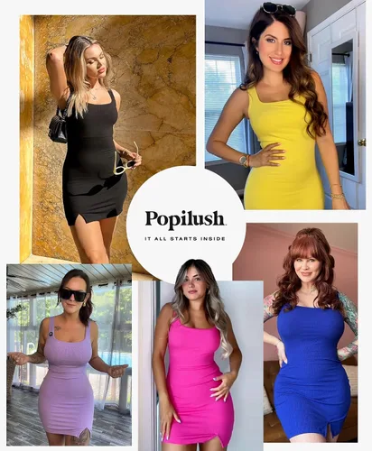 Vista 2 de Vestidos de cóctel Popilush para mujeres con sujetador moldeador incorporado 8 en 1 de cuello cuadrado con abertura mini, vestido de fiesta de verano