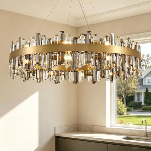 Vista 29 de Siljoy - Candelabro de cristal moderno, 12 luces, lujoso, redondo, de 2 niveles, con cristal K9 en forma de gota de lluvia, lámpara colgante de Oro