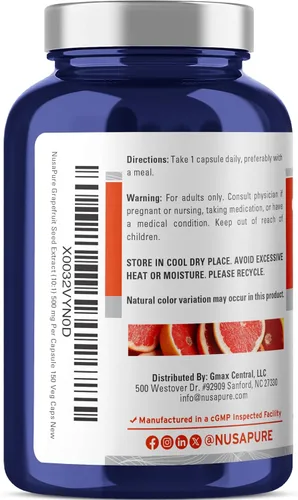 Vista 3 de NusaPure Extracto de pomelo, 500 mg, 150 cápsulas vegetales (sin OMG, vegano)