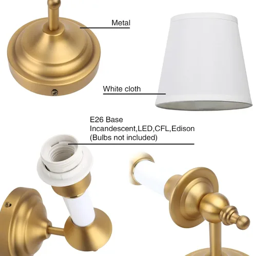 Vista 4 de PERMO Juego de 2 apliques de pared clásicos antiguos con forma de embudo con pantalla textil blanca, lámpara de pared montada en la pared