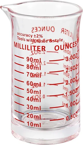 Vista 2 de Ackers - Vaso medidor de vidrio de 3 onzas líquidas, vaso de chupito con doble escala, marcas de ml para cocina y bar (paquete de 2)