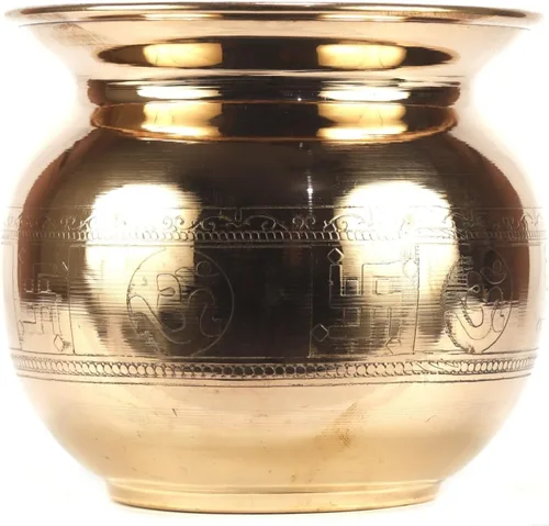 Vista 6 de ASHIRWAD Cobre puro en relieve Lota Kalash para oración hindú Pooja con Om Swastik Signs Arti Puja Pot para nuevo hogar AE000182-04 (1.0 L)