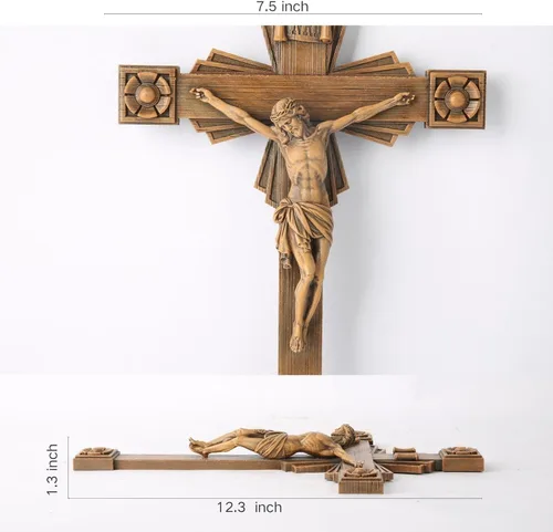 Vista 2 de Crucifijo católico BC de pared, decoración del hogar de Jesucristo, aspecto tallado en madera, 12 pulgadas de alto, pintado a mano por Buildclassic