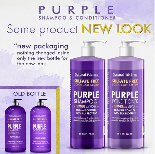 Vista 4 de Natural Riches Juego de champú y acondicionador morado para cabello rubio, plateado y gris, sin sulfatos, seguro para el color, elimina los tonos