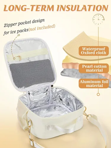 Vista 2 de Bolsa de almuerzo aislada para niños con correa ajustable para niñas, color beige Easy to Clean, Reusable Large Lunch Bag, Holds Lunch Box Snack
