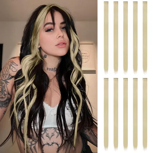 Vista 35 de FESHFEN Juego de 12 extensiones de cabello con clip, color negro, con clip, con purpurina, kit de accesorios coloridos para mujeres, de 20 pulgadas