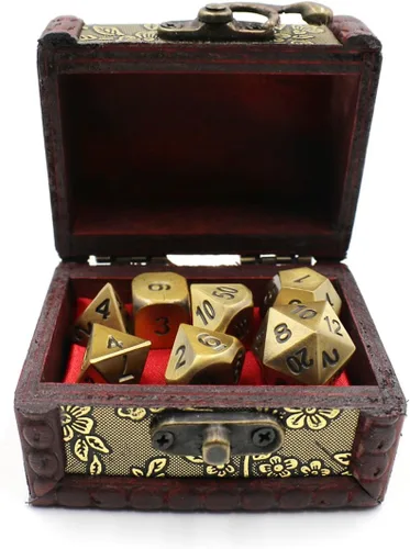 Vista 2 de Juego de dados de metal DND con baúl de almacenamiento dorado / caja para juegos de rol