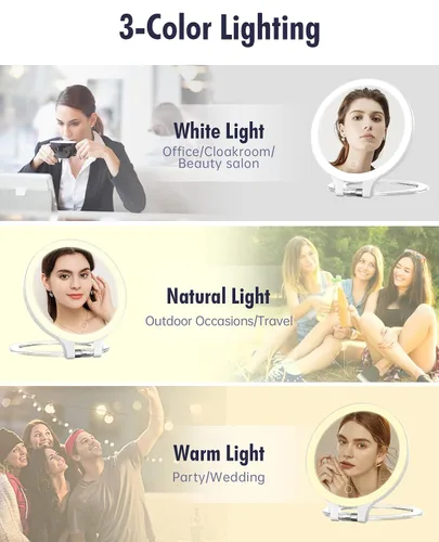 Vista 3 de FASCINATE Espejo de aumento de 10 x 1 x doble cara, espejo de tocador de maquillaje recargable con 3 modos de iluminación de color, rotación