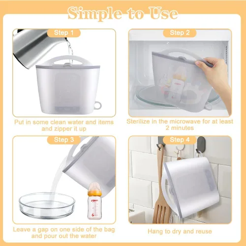 Vista 6 de Bolsa esterilizadora de vapor de silicona para microondas, bolsas reutilizables de 50.7 fl oz para biberones, extractor de leche, chupetes
