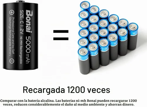 Vista 3 de BONAI Baterías C recargables, células C 5000mAh 1.2V Ni-MH de alta capacidad de tamaño C (paquete de 4)