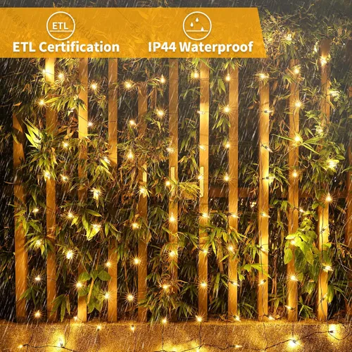Vista 4 de Meteds Red de luces LED de Navidad para exteriores, 100 luces LED de 5 x 5 pies conectables, 8 modos de malla, 29 V enchufables, impermeables