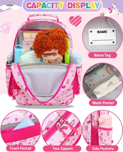 Vista 4 de Mochila para niños y niñas, mochila ligera para niños y niñas, preescolar, primaria, jardín de infantes, Niñas-unicornio rosa, 12L(Para Niños 5-8