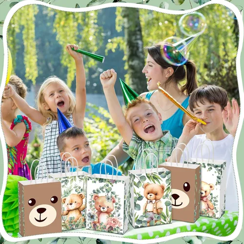 Vista 4 de Yeaqee - 24 bolsas de regalo de papel con asas para fiesta de oso lindo tema de oso con asas, bolsas de dulces para baby shower, fiestas de bosque