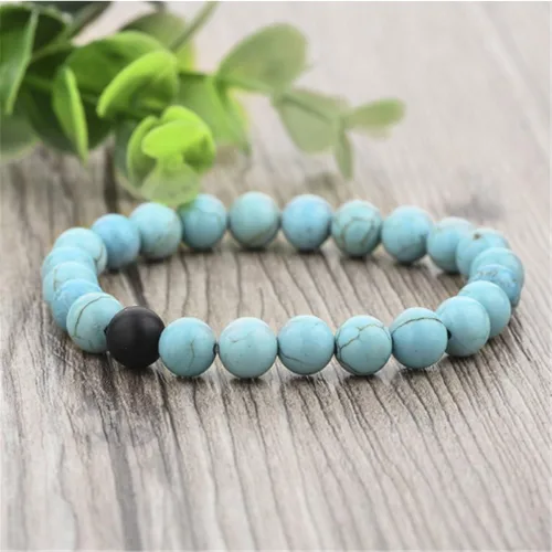 Vista 4 de Pulseras para Él y para Ella en ágata negra mate y turquesa de 8 mm, brazalete de distancia de arenisca para parejas, marca Xiaoli.
