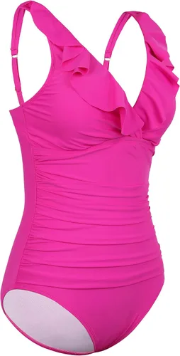 Vista 5 de Firpearl Traje de baño de una pieza con volantes para mujer, cuello en V, estilo vintage, control de abdomen