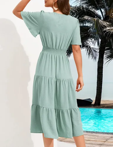 Vista 5 de KOJOOIN Women's Casual Wrap V Neck Midi Dress Long Sleeve Smocked Waist Tiered A Line Pleated Flowy Long Dress