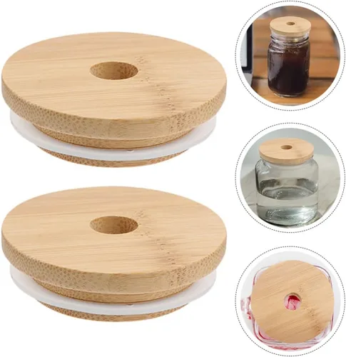 Vista 9 de Tapa de bambú para frasco, tapa de frasco, tapa de botella, tarro de vidrio, tapa de bambú, tapa de tarro con agujeros para pajilla, tapa