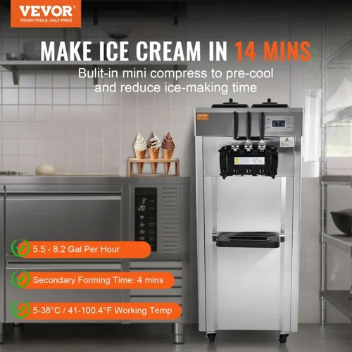 Vista 4 de Máquina comercial de helado de servicio suave de 1850 W, 3 sabores, 5.5-8.2 galones/hora, limpieza automática, panel LCD, acero inoxidable