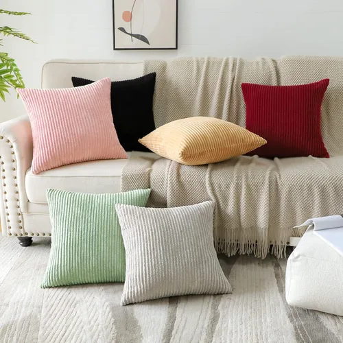 Vista 8 de OTOSTAR Juego de 4 fundas de almohada decorativas de pana suave a rayas color burdeos de 18 x 18 pulgadas, fundas de almohada cuadradas para sofá