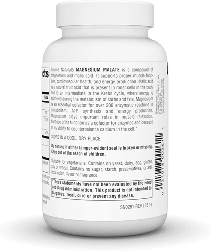Vista 4 de Source Naturals Malato de Magnesio, Apoya los Músculos y la Producción de Energía*, Sin OGM, Suplemento de Magnesio Apto para Vegetarianos, 3,750 MG