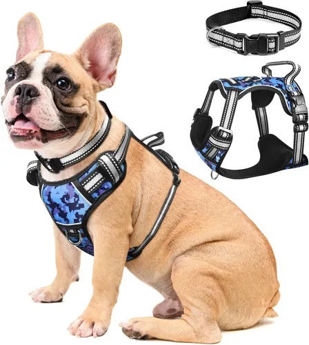 Vista 10 de Arnés para perro sin tirones, arneses para mascotas con collar, chaleco Oxford reflectante y ajustable, hebillas delanteras y traseras para correa