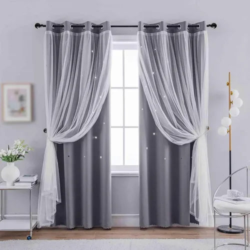 Vista 20 de Anytime - Cortinas para dormitorio de niñas con estrella hueca, cortinas opacas para habitación de niños, cortinas largas para oscurecer