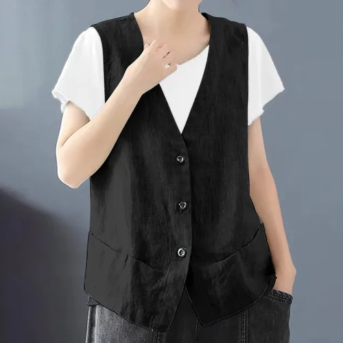 Vista 6 de COTECRAM Chaleco de lino de algodón para mujer, casual, sin mangas, con botones, ligero, para verano, holgado, ropa de abrigo