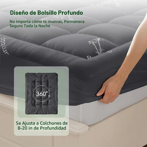 Vista 6 de Anluoer - Cubrecolchón de espuma viscoelástica tamaño Queen, color gris oscuro Rayon Derived from Bamboo, Cooling, Back Pain Relief, Cloud-Like