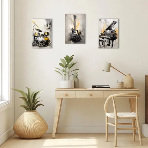 Vista 5 de QIXIANG Lienzo decorativo de pared para amantes de la música, 3 piezas, guitarra negra y dorada, piano y batería, impresiones de imágenes