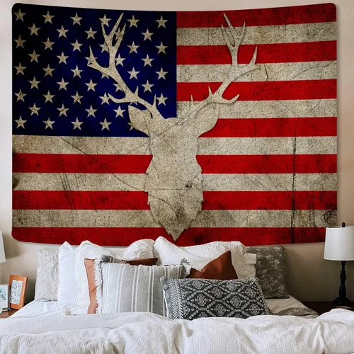 Vista 2 de Tapiz decorativo de pared con cabeza de grunge, diseño rústico de bandera de Estados Unidos, diseño de camuflaje, para colgar en la pared, arte