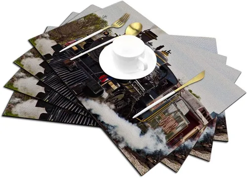 Vista 2 de Juego de 4 manteles individuales de tren de vapor, vintage, resistentes al calor, antideslizantes, 18 x 12 pulgadas Pm-002