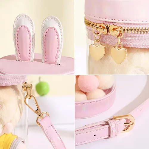 Vista 6 de Orejas de conejo transparente cubo Cilindro Ita bolsa, PVC amor doble cremallera bolso de hombro, Kawaii Lolita Crossbody Bag