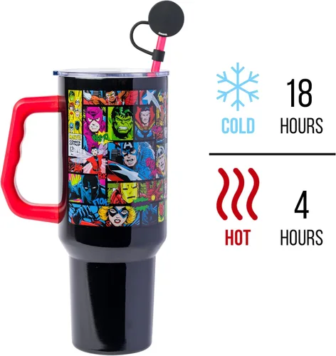 Vista 3 de Silver Buffalo Marvel Avengers - Vaso de acero inoxidable con asa, popote y tapa de pajilla, diseño de Iron Man, Capitán América, Blue Beetle, Thor