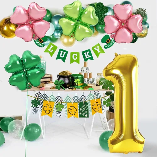 Vista 2 de Dripykiaa 5 globos dorados de 40 pulgadas para decoración de fiesta de primer cumpleaños, color rosa y verde, trébol de cuatro hojas, globos de Rosa