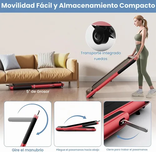 Vista 6 de Goplus Cinta de correr 2 en 1 para debajo del escritorio, 2.25 HP Superfit plegable con control de panel táctil, control por aplicación, control Rojo