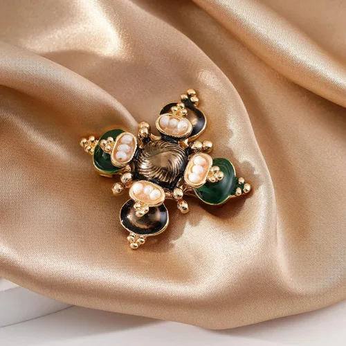 Vista 8 de Broche de cruz de perlas retro para mujer a la moda, Aleación, perla de agua dulce, Perla