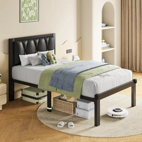Vista 8 de GalnFu Marcos de Cama de Metal Twin, Marco de Cama de Plataforma Tapizado con Cabecera de Cuero Sintético con Botones Capitoné, No Se Necesita