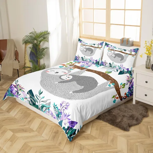 Vista 2 de Erosebridal Juego de ropa de cama de perezoso tamaño individual, adorable funda de edredón de perezoso en el árbol para niños y niñas, funda