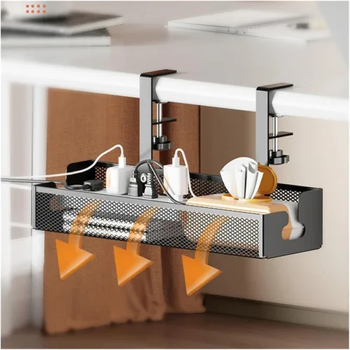 Vista 5 de No Drilling Under Desk Wire Management Tray Retractable Cable Organizers In Home Office PC Router Data Wire Metal Storage Rack(Black 2 in 1)