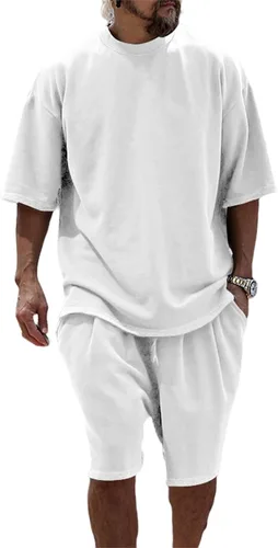 Vista 7 de Conjunto casual de 2 piezas para hombre, conjunto deportivo de manga corta, cuello redondo, camiseta y pantalones cortos, conjunto casual de dos