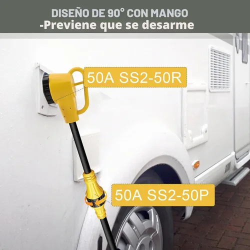 Vista 2 de Enchufe de bloqueo giratorio de 50 amperios macho a 50 amperios con bloqueo de 90 grados, adaptador de RV hembra para cable de extensión RV de 50