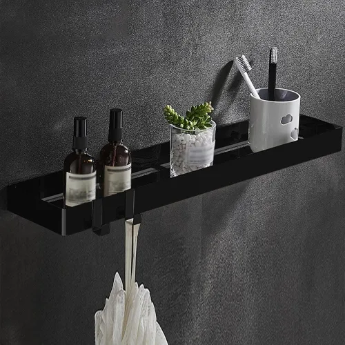 Vista 6 de Wallmounted Bathroom Shelf Floating Organizer with Hooks for Toiletries & Cosmetics 2Tier Black Rectangular Storage Rack for Shower & Kitchen