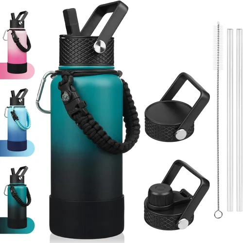 Vista 39 de BJPKPK - Botella de agua con tapa de popote, botellas de agua aisladas de 18 onzas con 3 tapas, asa de cuerda de paracaídas y base antideslizante