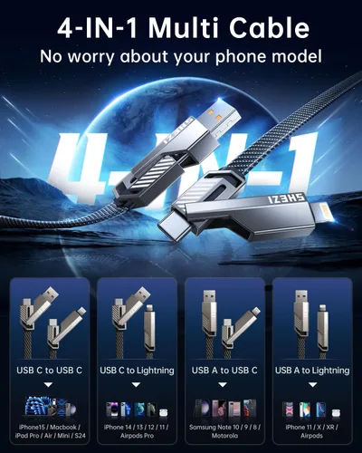 Vista 4 de Cable USB C ultra corto 4 en 1 de 0.6 pies compatible con cable Lightning [carga rápida y transferencia de datos] cable de carga plano trenzado