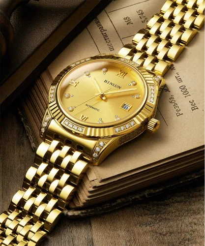 Vista 35 de BINLUN Reloj de pulsera para hombre, mecánico automático, reloj dorado con cuerda automática, elegante, chapado en oro de 18 quilates, relojes