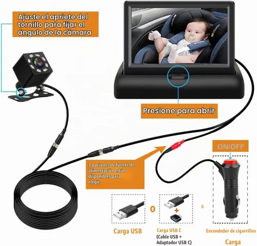 Vista 8 de Cámara de Monitoreo para Coche de Bebé AllRuby, Espejo de Coche para Bebé, para Puertos USB/USBC/Encendedor de Cigarrillos, Vista Amplia y Clara